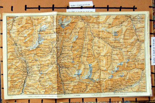Original Old Antique Print Map C1900 Switzerland Alps Mountains Bondo Victorian