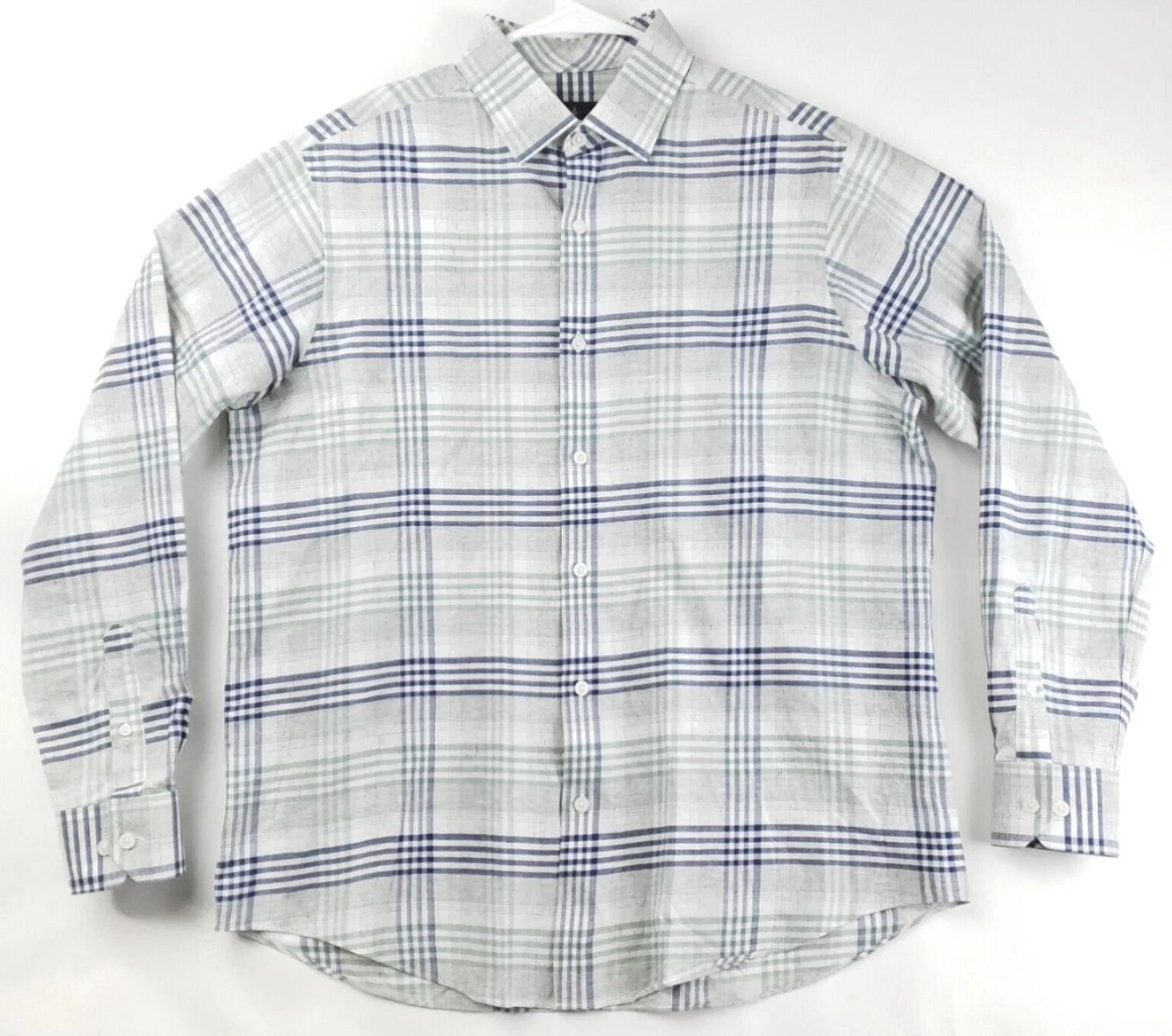 Hart Schaffner Marx Shirt Mens Medium Blue White Green Stretch Linen Long Sleeve