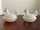 2 Vintage Hazel Atlas White Opalescent Milk Glass Hens On A Nest Basket Weave