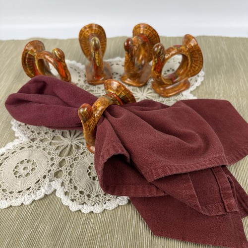 Turkey Napkin Rings Holders Thanksgiving Handmade Drip Glaze Ceramic Set Of 5 - Picture 2 of 6