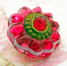 Antique Cranberry Glass Swirlback Button w/ White Overlay Band & Brass Bracelet