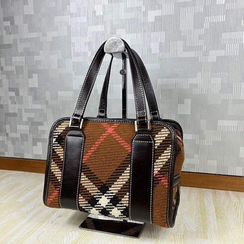 Burberry Blue Label Nova Check Wool Leather Mini Boston Handbag Brown Authentic