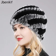 Women Warm Real Rex Rabbit Fur Hat Snow Cap Winter Hats Knit Beanies Fluffy D5