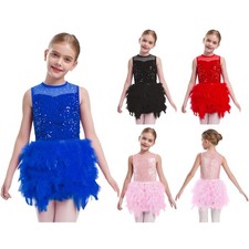 Girls Leotard Skating Tutu Dress Sequins Skirted Fitness Ballet Biketard Shiny