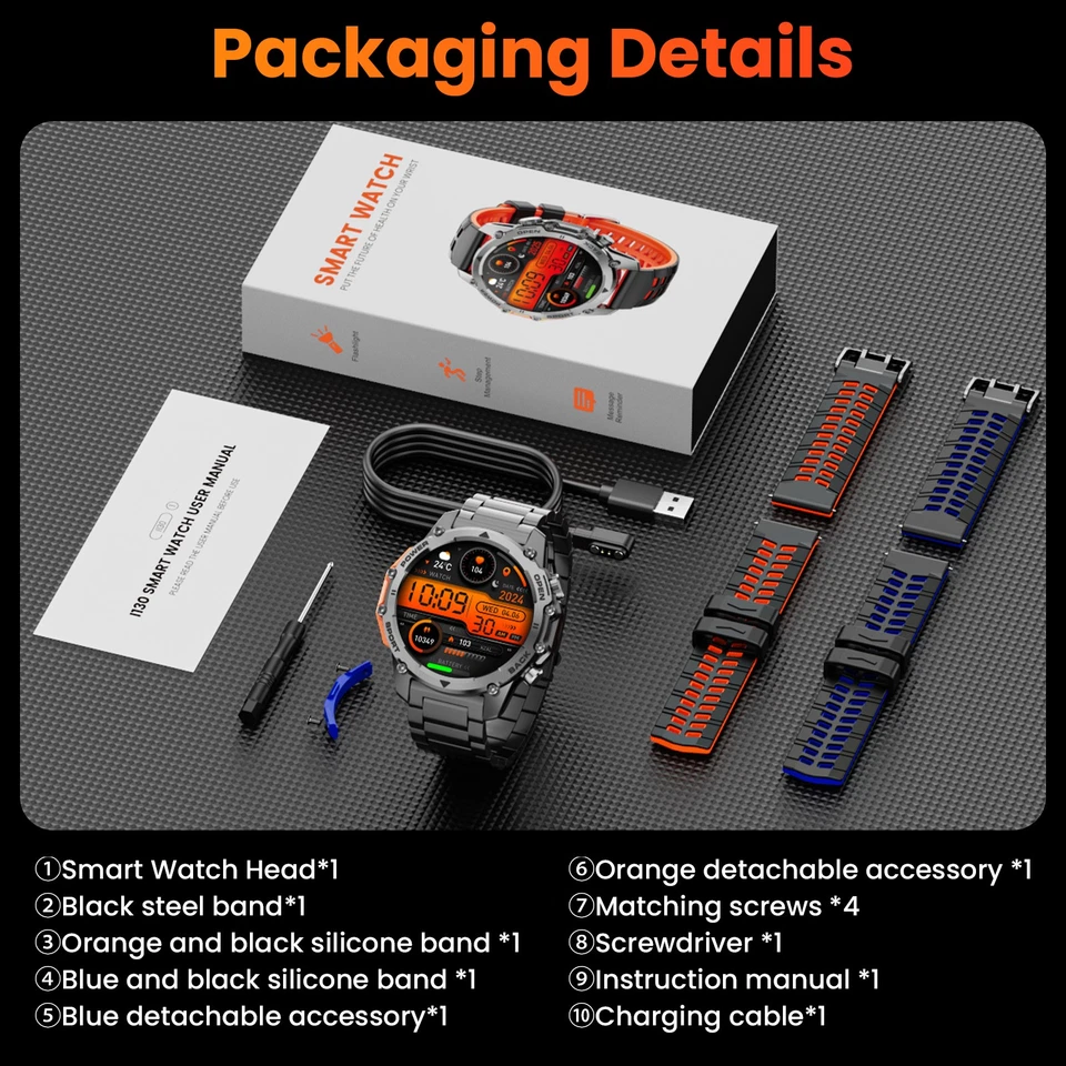 1,52" Smart Watch Für Herren (Antwort / Anruf) Militärsportuhr mit 3 Armbändern - Bild 2 von 4