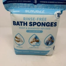 NEW Scrubzz Rinse-Free Bath Sponges Soap & Shampoo 25 Pack Camping Elder Care