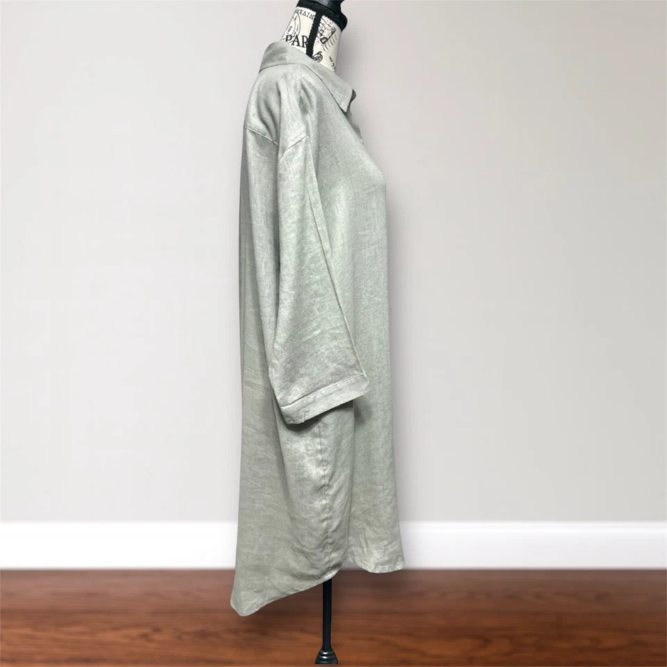 Tahari L Sage зеленый льняной смеси рубашка мини-платье 3/4 рукав минималистский опрятный - Изображение 2 из 4