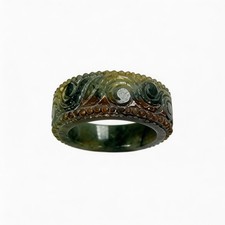 U.S. Size 7.5 Certified Natural Burmese Jadeite Tricolor Craved Jade Ring