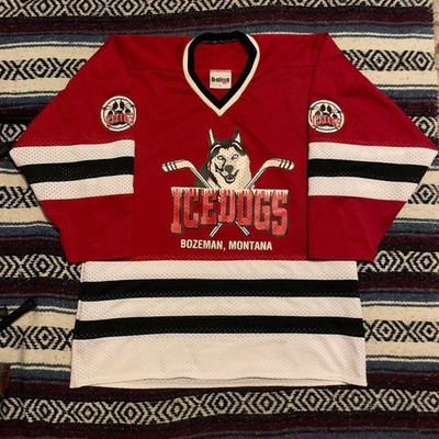 #ad Vintage 90s Bakka Bozeman Montana Icedogs husky and hockey sticks jersey L USA $60.00