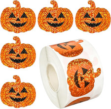 Halloween Pumpkin Stickers Roll 500Pcs Laser Smiling Pumpkin Shape Waterproof De
