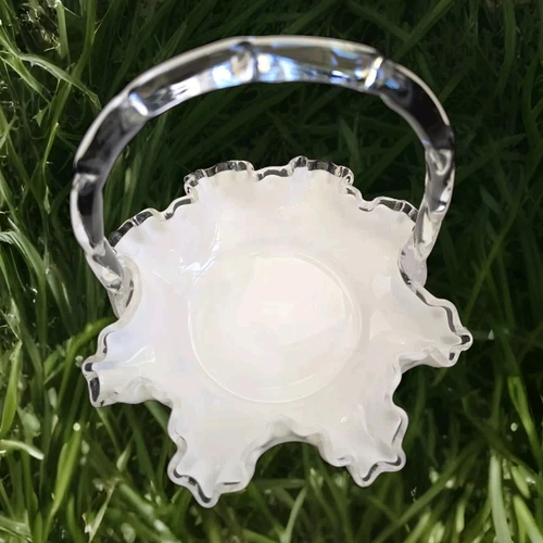 Vtg 1960s Fenton Silver Crest Basket MCM Glass Ruffle Edge Crimped Handle Easter