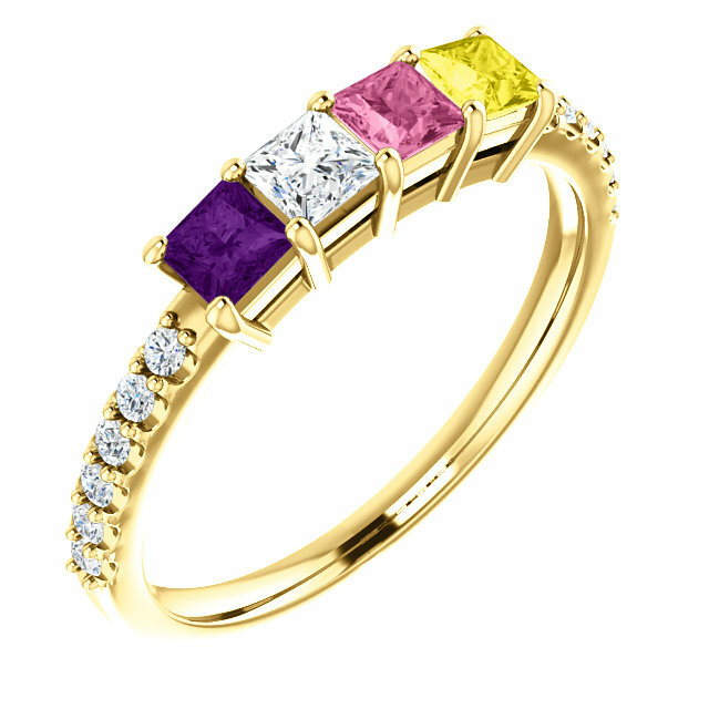10K or 14K Solid Gold Family Annivarsary Ring to Birthstones  Princess-Cut