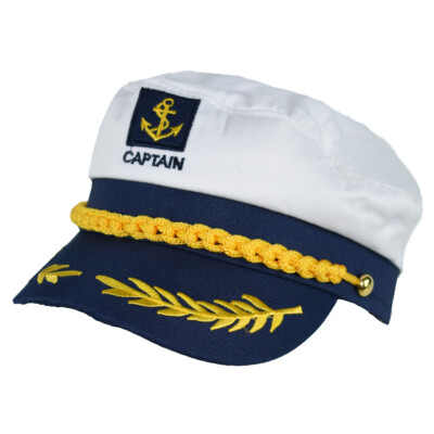 Yacht Captain White Nautical Sailor Costume Cap With Gold Braid Accents