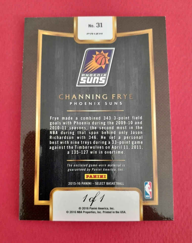 1 of 1 CHANNING FRYE 2015-16 SELECT THROWBACK BLACK PRIZM TRUE ONE OF ONE SUNS🤩 — 第 2/4 张图片