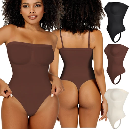 Bodysuit tube top strapless Hook & Eye bottom closure fitted solid Black Beige - Picture 1 of 31