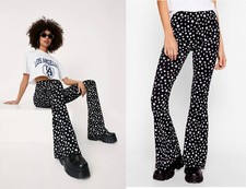 New Nasty Gal Black & White STAR Print Retro 70's FLARED Rock Trousers SIZE 14