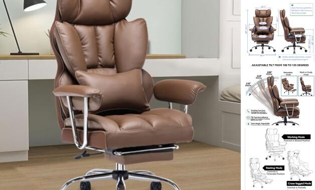 400LBS Big and Tall Brown PU Leather Desk Office Chair for Heavy Duty Use