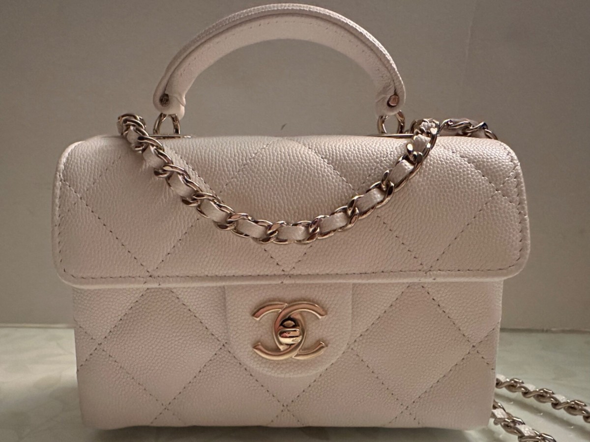 New 25S CHANEL White Caviar Leather Top Handle Flap Bag Gold CC