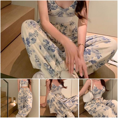 Damen Blumen V-Ausschnitt Spaghettiträger Camisole Kordelzug Elastische Taille Hose Set - Bild 3 von 21