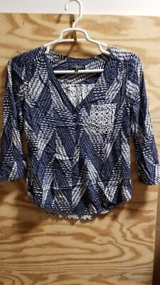 Fred David Womens Top Shirt Blouse Size Medium Geometric V Neck Long Sleeve