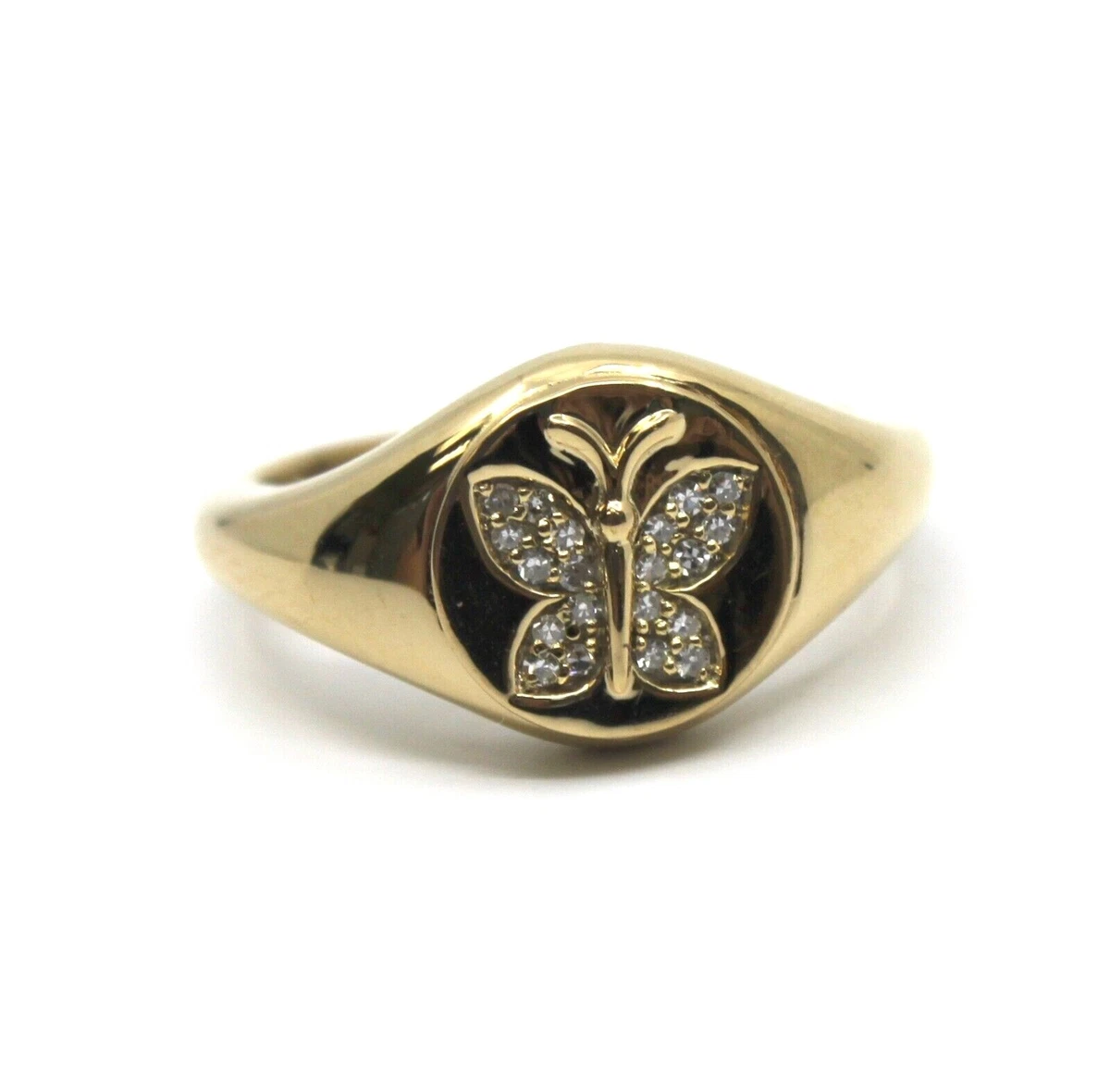 Butterfly Pinky Signet Ring with Diamond in 14K Solid Yellow Gold Sz 6 Sizable