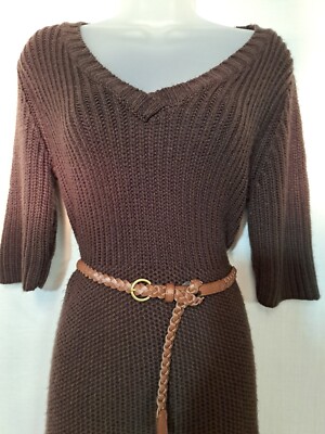 Ladies Massini Brown Knit Short Sleeve Sweater Dress Tunic w/Braided Belt |  eBay