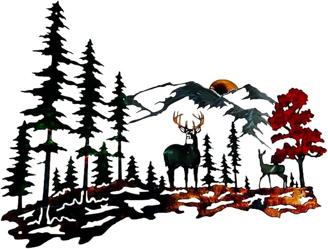 Metal Wall Art - Forest Deer Mountain Rustic Cabin Wildlife Hunting Wall Decor f