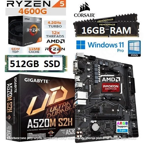AMD Ryzen 5 4600G + 16GB RAM + 512GB SSD + A520M Motherboard Bundle