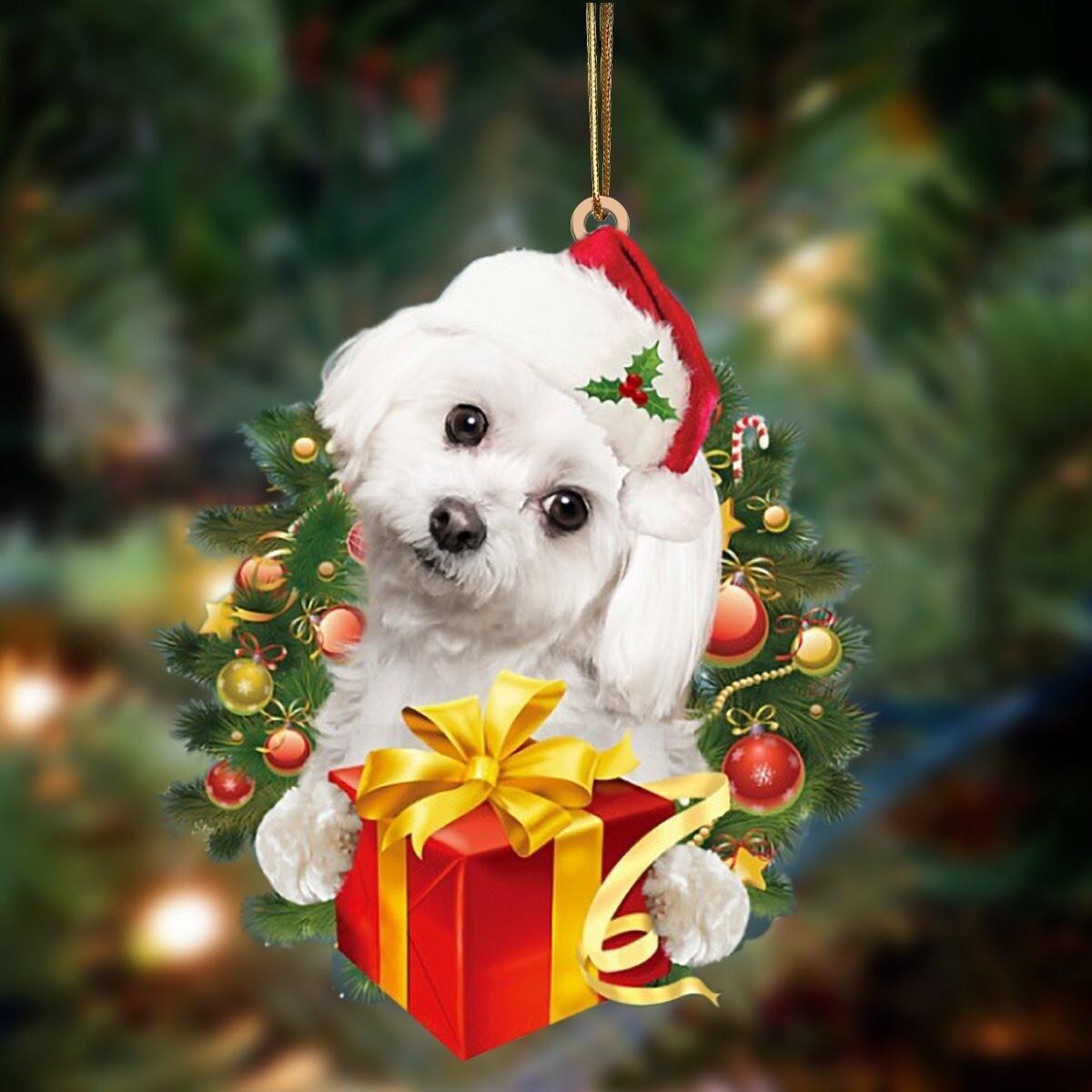 Maltese Dog Christmas Wreath Flat Ornament  Maltese Dog Xmas Ornament Gift