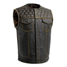 Men  s Black Leather Vest Yellow Paisley Lining, Concealed Carry Motorcycle Waist