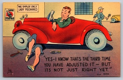 Funny Lady Mechanics Auto Repair Car Cartoon Vintage Postcard MWM