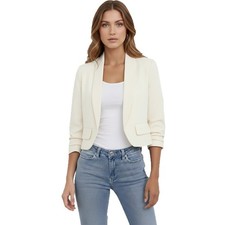 Womens Cropped Blazer Ruched Sleeve Open Front Smart Casual Jacket with Pockets