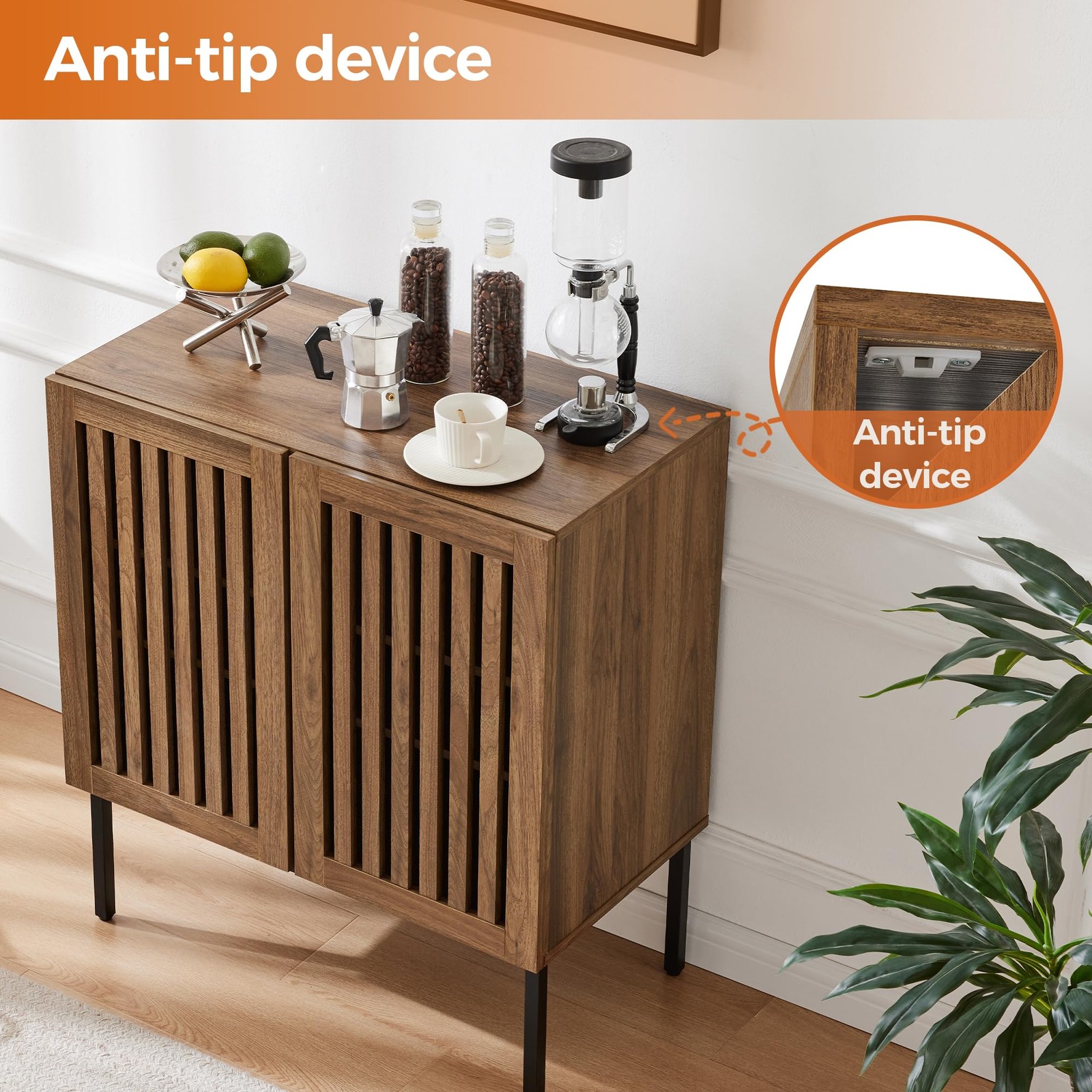 Grille Buffet Cabinet with Storage, Sideboards 2 Doors with Metal Base and Ad...