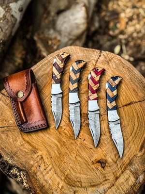 LOT OF 10 Pcs Handmade Damascus Steel Folding Knives, pocket Knives With Sheaths