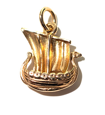 Wikinger Drache Langschiff 18k Gelbgold Vintage Halskette Anhänger / Charm Schiff 3-D
