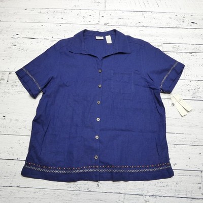 Erika Shirt Womens 1X Blue Linen Rayon Button Front Short Sleeve Embroidered