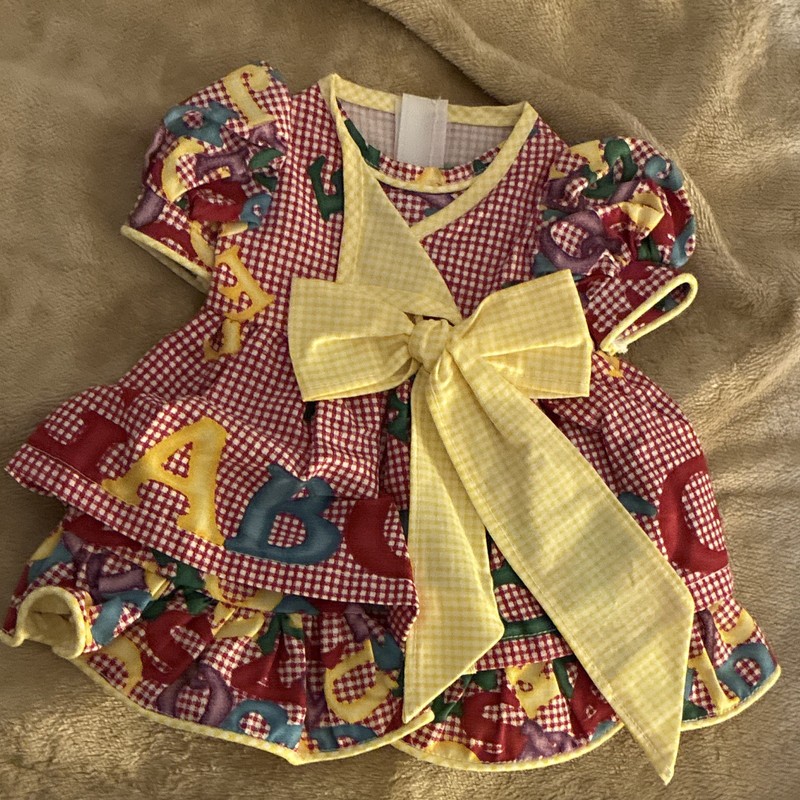 Daisy Kingdom handmade Red Gingham Alphabet Print Yellow Bow Doll Dress Outfit 