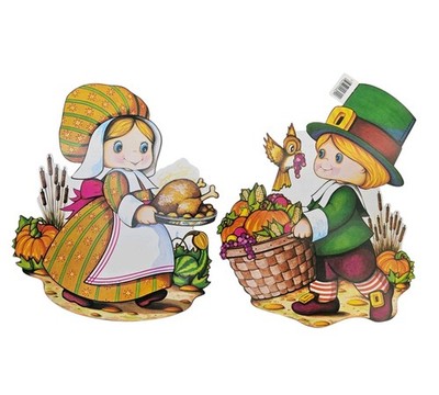 Vintage Beistle Thanksgiving Die Cuts Boy Girl Pilgrims 11'' Fall Decor