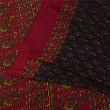 Sanskriti Vintage Blue  Red Moss Crepe Sarees Floral Blockprint 6 Yd Craft Sari