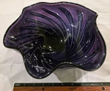 Robert Eickholt 1996 Dark Purple with Swirls Art Glass Bowl w/ Waves or Ruffles