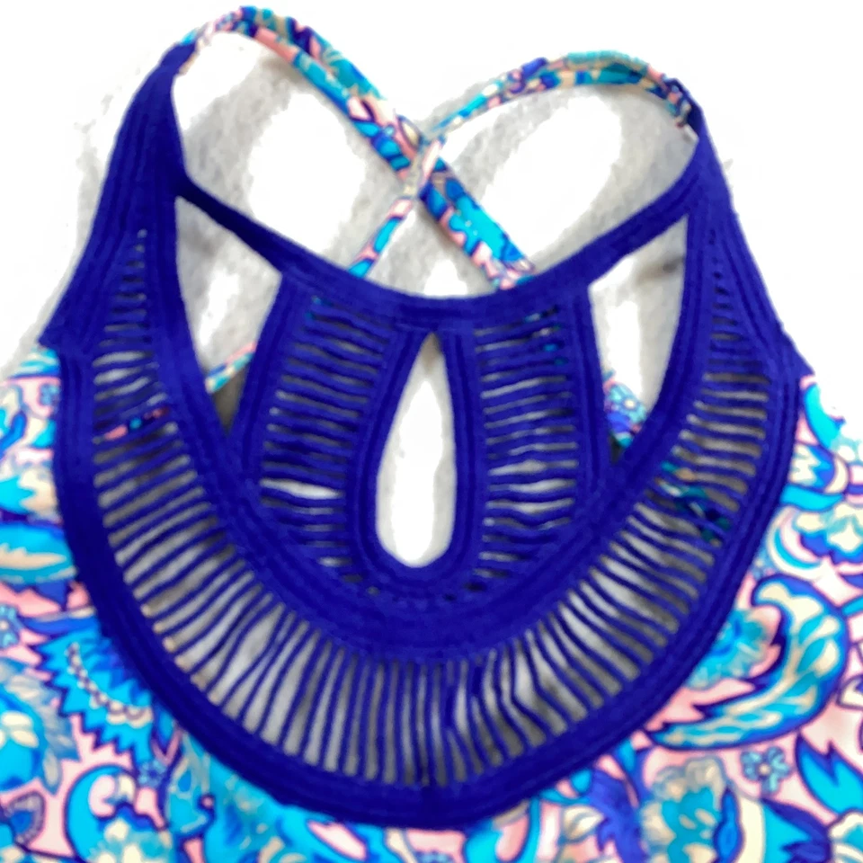 Blusa de biquíni feminina Xhilaration frente de crochê tamanho D/DD azul estampa paisley nova com etiquetas - Imagem 2 de 4