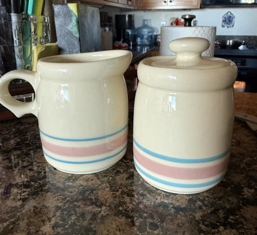 Vintage McCoy Pink & Blue Stripes Creamer And Sugar #1414