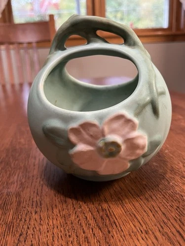 Vintage Weller Art Pottery Wild Rose Matte Green/Blue Basket Vase