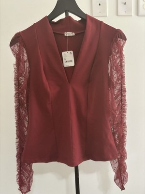 Free People Intimately Top with Lace/Mesh Sleeves Size M Wine Color - NWT