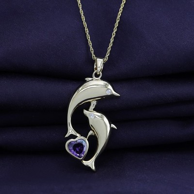 Dolphin Pendant Necklace 18'' Simulated Amethyst 14K Yellow Gold Plated Sterling