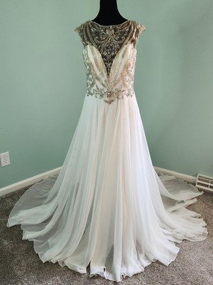 GLAMOROUS NWT MacDuggal White Wedding/Formal, Silver Sz 14 - SEE MEASUREMENTS!!