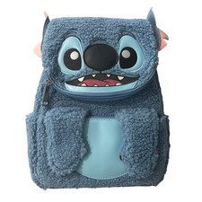 Disney Loungefly Stitch Sherpa Mini Backpack Blue Faux Shearling 3D Ears Bag