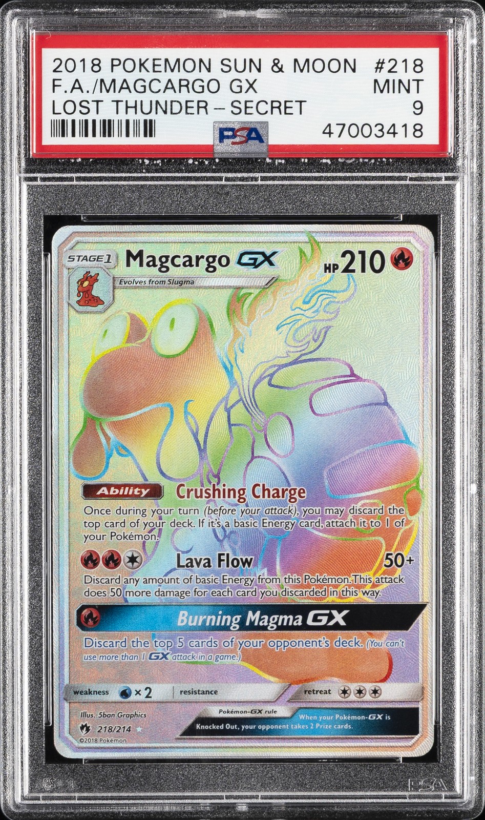 2018 POKEMON SUN & MOON LOST THUNDER SECRET #218 FULL ART/MAGCARGO GX PSA 9