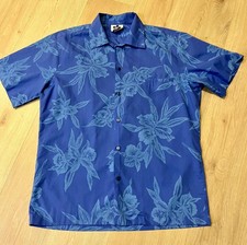 Vintage Hilo Hattie Hawaiian Blue Men's Large Button Down Made in Hawaii