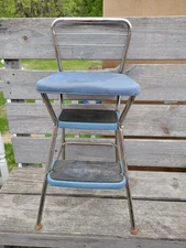 Vintage Mid-Century Cosco Flip-Up Step Stool Chair Blue Seat